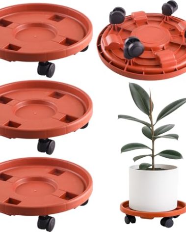 Tulpeed Rolling Plant Stand with Wheels 3 Pack 13 Inch Plant Caddy with Wheels Heavy Duty Plant Dolly Roller Base with Wheels Round Flower Pot Rack Holder Planter Trolley Tray, Red