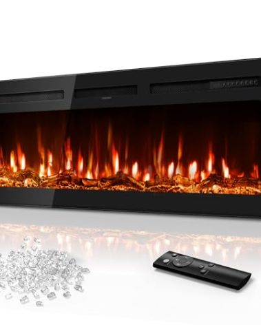 Tehanld 50 Inch Electric Fireplace in-Wall Recessed and Wall Mounted, Ultra-Thin Linear Fireplace Heater 750/1500W with Realistic Flame, Higher Temperatures & Lower Noise, Log Set & Crystal Options