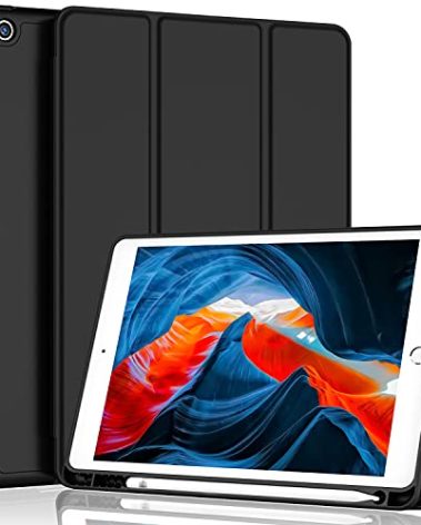 iMieet iPad 9th Generation Case 2021/iPad 8th Generation Case 2020 10.2 Inch with Pencil Holder, iPad 7th Gen 2019 Case with Soft Baby Skin Silicone Back, Auto Wake/Sleep Cover (Black)