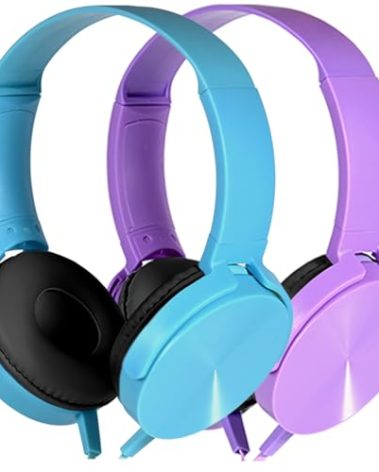 2 Pack Kids Headphones for School Classroom, Wired Computer Online Learning Headset for K-12 Students, Durable Soft Swivel On Ear Pads Earphones for Laptop PC Meetings Calls (Light blue+Purple)