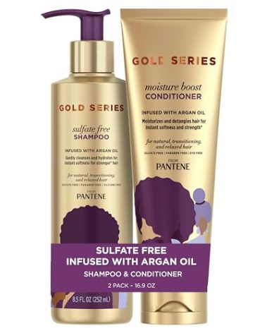 Pantene Shampoo and Sulfate Free Conditioner Kit, with Argan Oil, Pro-V Gold Series, for Natural and Curly Textured Hair, 16.9 fl oz, Kit