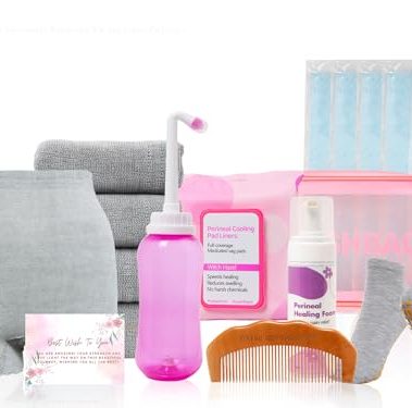 Postpartum Recovery Essentials Kit - Birth Comb,Peri Bottle,Disposable Postpartum Underwear,Perineal Healing Foam,Instant Ice Pads,Cooling Pad Liners,Socks,Canvas Bag,Postpartum Kit Gift Set