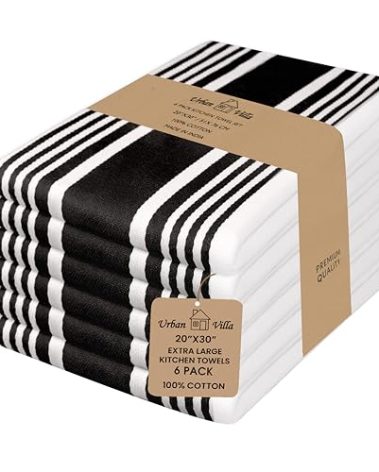 Urban Villa Kitchen Towels 100% Cotton Pack of 6, Highly Absorbent Quick Drying Super Soft Premium Dish Towels for Kitchen with Hanging Loop Hand & Tea Towels - 20x30 Inch, (Black & White, Striped)