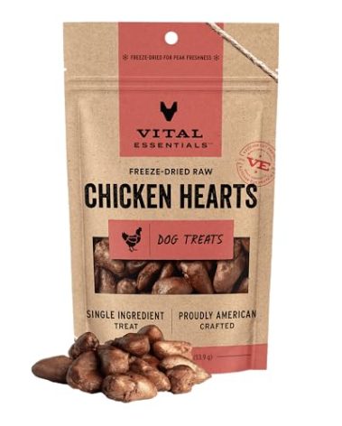 Vital Essentials Single Ingredient Chicken Hearts Dog Treats, 1.9 oz | Freeze-Dried Raw | Premium Quality High Protein Training Treats | Grain Free, Gluten Free, Filler Free