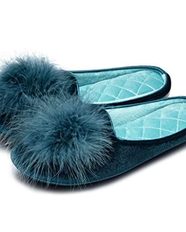 GRITHEIM Women's Fuzzy Pom Pom Feather Velvet House Slippers Sexy Cozy Bedroom Slippers for Ladies Non-slip Sole Indoor Outdoor Turquoise 9-10