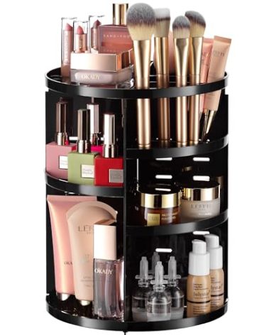 360 Rotating Makeup Organizer - Adjustable Shelf Height and Fully Rotatable. The Perfect Cosmetic Organizer for Bedroom Dresser or Vanity Countertop. (Black)