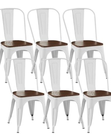 SOLEGGIATA Metal Dining Chairs Set of 6 with Wooden Seat Iron Stackable Industrial Tolix Style Farmhouse Dining Room Bistro Outdoor Arctic White Color