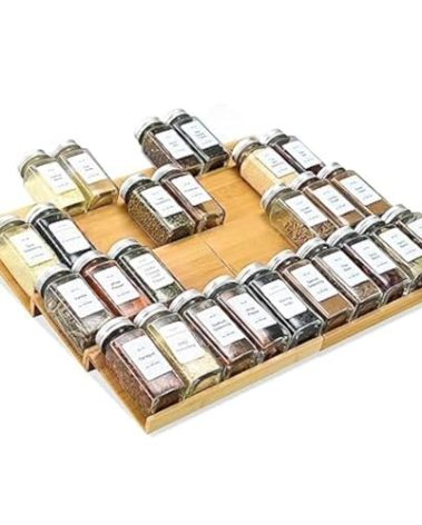 KitHero Spice Drawer Organzier,4 Tiers- 8Pcs Bamboo Spice Rack Tray Insert for Cabinet Drawer Countertop, Kitchen Seasoning Storage Drawer Organization,18" Wide x 15.8" Deep （Hold UP To 40 Jars