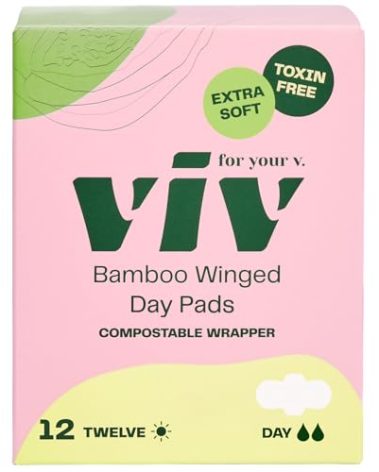 Viv for Your V Bamboo Organic Pads for Women | Soft, Thin, Absorbent Sanitary Pads with Wings | Unscented, Earth-Friendly | Postpartum Gift for Mom | Regular Absorbency (12 Pack)