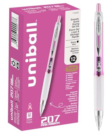 uniball 207 Pink Ribbon Retractable Gel Pens, Medium Point (0.7mm), Black, 12 Pack