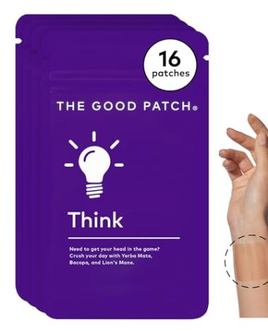 The Good Patch Think Patch, Natural Patch with Caffeine, Yerba Mate, Bacop, Lion's Mane, Plant Powered Wearable Wellness, Focus Patches, Sustained Release (16 Total Patches)