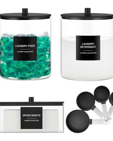 3 Pack Glass Jars and Acrylic Dryer Sheet Holder, Laundry Pods Container with Bamboo Lid and Measuring Cups for Laundry Room Organization, Powder Detergent Containers (Black)