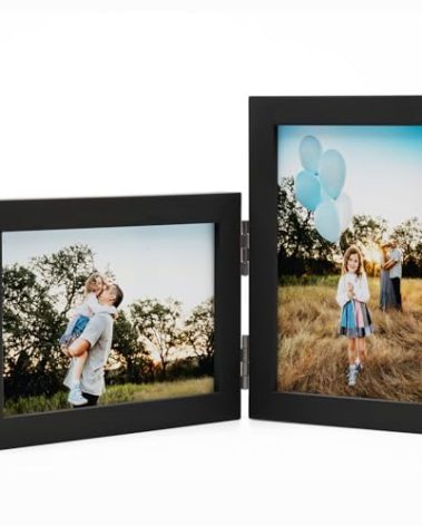 Janreefan Double Horizontal & Vertical 4X6 Picture Frames Hinged Folding Photo Frames in Black for Wall Hanging or Tabletop Standing, Made of Pine Wood with Real Glass P-H64S46-HEI