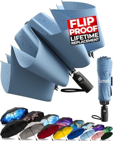 TUMELLA Flip-proof Inverted Travel Umbrella, Small Strong but Light Portable and Automatic Reverse Folding Rain Umbrella, Durable Premium Grip, Fits Car & Backpack