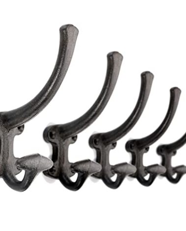 Ambipolar 5-Pack Decorative Cast Iron Heavy Duty Double Wall Hooks, Vintage Hooks in Antique Black Coat Hooks Wall Mounted for Mudroom, Hat Rack