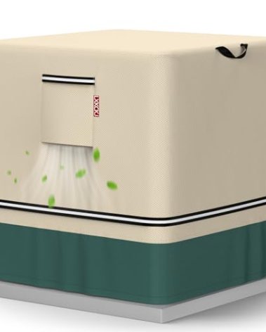 LXKCKJ Air Conditioner Cover for Outside Units - 420D Heavy-Duty Waterproof Winter AC Cover, All-Weather Protection for HVAC Condenser Units, Fits 28''LX28''WX32''H Outdoor AC Unit(Beige&Green)