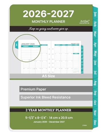 2026-2027 Monthly Planner Refill - Planner Inserts with 7-Hole Punched, 5-1/2" x 8-1/2", Jan 2026 to Dec 2027, Two Pages Per Month, 2026-2027 Calendar with Monthly Tabs