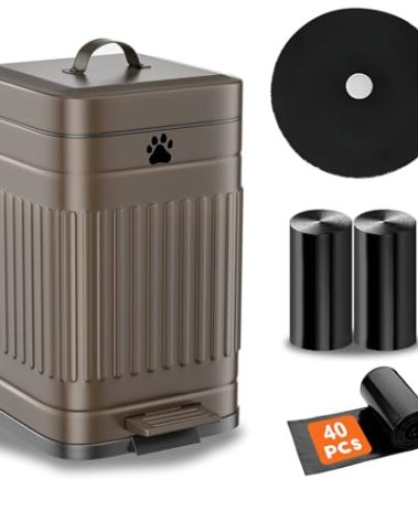 Kopuncare Dog Poop Trash Can Outside, 5L/1.3Gal Metal Dog Waste Trash Can with Lid, Foot Pedal, Pet Waste Container with 40 Bags, Poop Bucket with Lid Soft Close for Pet, Brown