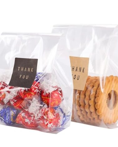 LOKQING Cellophane Treat Bags Cookie Bags for Packaging Clear Gift Bag with Stickers for Cookies, Candy, Chocolates(Clear, 9x4 INCH)
