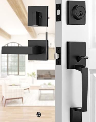 EHOMEWARE Black Front Door Handle and Deadbolt Set, Exterior Door Lock Set, Entry Door Handle with Single Deadbolt, Matte Black Front Door Handle, Reversible Lever Set for Left or Right Opened Doors