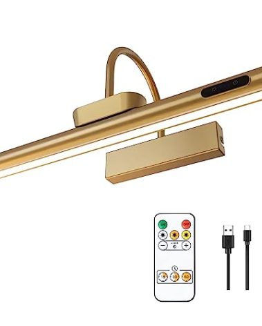 LYTARA Dimmable Cordless Picture Light with Controller and Timer, Rechargeable 5000mAh Battery Wall Sconce for Wall Pictures, Gallery Artwork, Paintings, Portraits, Dartboards (Gold)