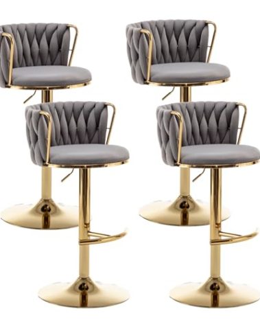 Cinxzar Gold Velvet Bar Stools Set of 4, Swivel Counter Height Bar Stools with Back, Adjustable Woven Barstools for Kitchen Island, Pub, Club (Grey)