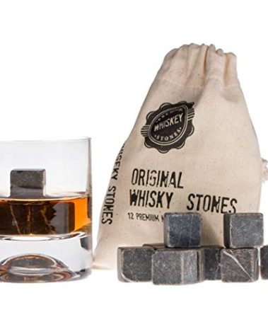 Premium Whiskey Stones Gift Set with 12 Pcs Stones and Bag. Whiskey, Bourbon, Cognac, Scotch,Gin, Wine Beverage. Marble Reusable Ice Cubes. Birthday Gift for Whiskey Lovers.… (Dark Grey)