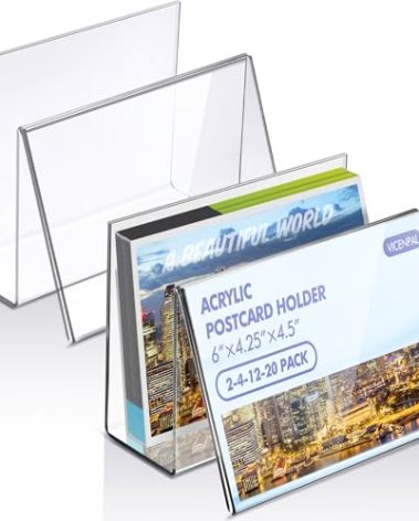Vicenpal 20 Pcs Clear Acrylic Postcard Holder Business Card Holder Greeting Card Display Clear Business Card Stand Rack for Index Card Organizer Desk Table Home Office School, 6 x 4.25 x 4.5 Inch