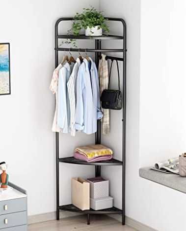 DOORXIFO Corner Black Clothing Racks Freestanding, Metal Black Coat Racks with Hooks, Heavy Duty Modern Clothes Rack with 3 Tier Storage Shelves for Home,Bedroom,Living Room