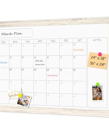 4 THOUGHT Whiteboard Calendar 36" x 24" Magnetic Dry Erase Board Wood Frame Wall-Mounted Monthly Planner White Board Decorative Notice Board for Office School Home, White Vintage