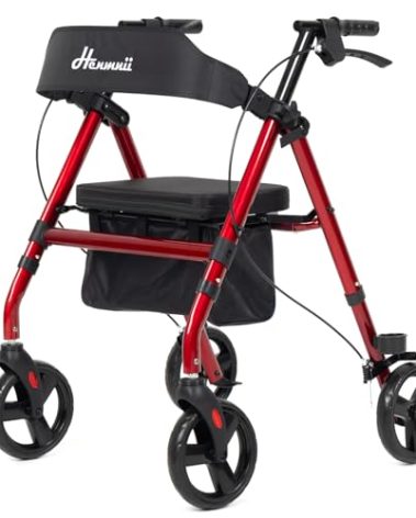 Henmnii Walker for Seniors, Lightweight Rollator Walker with seat, Foldable Rolling Walker with 8 inch All Terrain Rubber Wheels, Ergonomic Adjustable Handles and Backrest for Seniors and Adult.