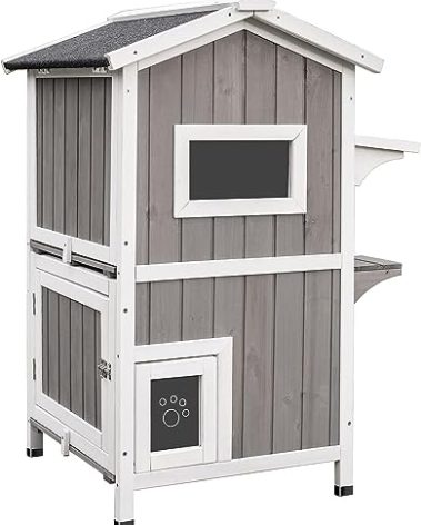 PetsCosset Outdoor Cat Shelter Weatherproof, Two Story Wooden Outside Feral Cat House with Openable Roof, Escape Door