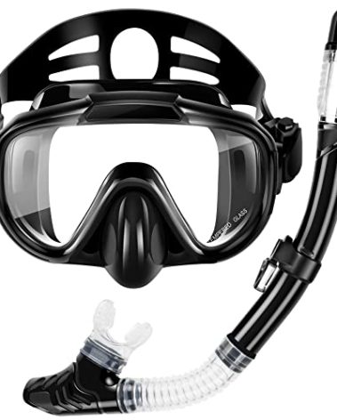 Snorkel Set, Zipoute Snorkel Dry Top Snorkeling Gear for Adults, Panoramic Anti-Leak and Anti-Fog Tempered Glass Lens, Adults Adjustable Snorkeling Set, Scuba Diving Swimming Training Snorkel Kit