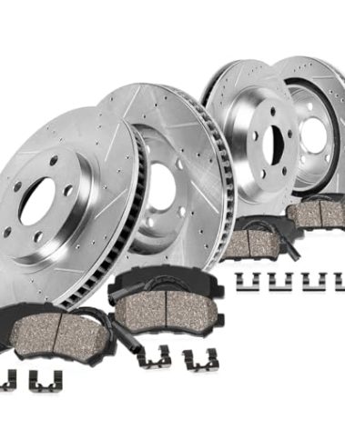 Callahan BRAKE PARTS Front and Rear Drilled Slotted Brake Disc Rotors and Ceramic Brake Pads + Hardware Brake Kit For 1997-2004 Chevy Corvette C5