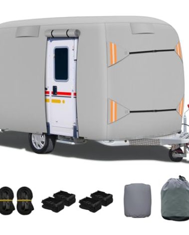 Fiberglass Travel Trailer Cover, Heavy Duty Ripstop Fiberglass Trailer RV Cover, Upgraded Durable Waterproof Anti-UV Windproof All Season Protection for RV(8-10ft)