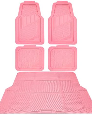 CAR PASS Heavy Duty Rubber Floor Mats Pink Car Mats Full Set with Trunk Cargo Liner - Universal Waterproof Floor Mats for Car SUV Truck, Durable All Weather Liner Mats Automotive Women (All Pink)