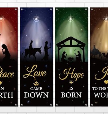 4Pcs Welcome Religious Christmas Banners for Church Sanctuary Wall - Hanging Backdrop Nativity Scene Banner Scripture - Holiday Porch Signs for School Nativity Decor