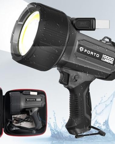 FORTO Rechargeable Spotlight 10000 Lumen Ultra Bright IPX7 Waterproof Flashlight, Boat Spotlight with EVA Carrying Case Tripod, 7 Light Modes Handheld Spotlight Flashlight for Marine Boat Hunting