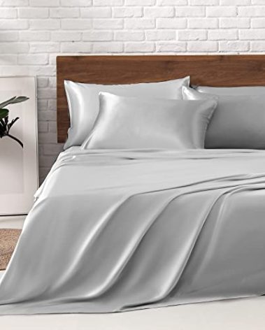 MR&HM Satin Bed Sheets, Queen Size Sheets Set, 6 Pcs Silky Bedding Set with 15 Inches Deep Pocket for Mattress (Queen, Silver Grey)