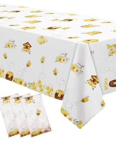 YJRJSC Bee Baby Shower Decorations Party Tablecloth, Disposable Bumble Theme Bee Day Birthday Party Supplies Tablecover, 3 Pcs, 54in x 108in