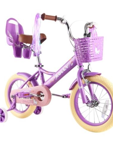 RULLY 14 Inch Kids Bike for 3 4 5 Years Girls with Training Wheels & Front Handbrake, Kids Bicycle with Basket Bike Streamers Toddler Cycle Bikes, Purple
