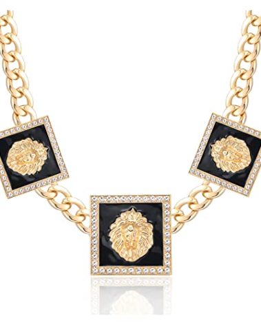 Aononu Women's Statement 3 Square Lion Heads Choker Chain Necklace Hip Hop Chunky Chain Crystal Necklaces Punk Party Costume Cocktail Animal Jewelry