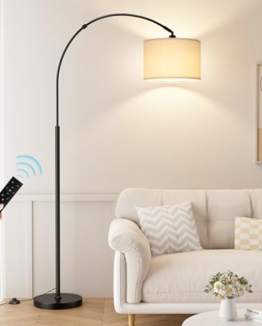 Ambimall 70 Dimmable Arc Floor Lamp with Remote, Color Temperatures and Brightness Adjustable, Arched Floor Lamp with Rotating Head, Over Couch Arched Light for Living Room (Deep Beige and Black)