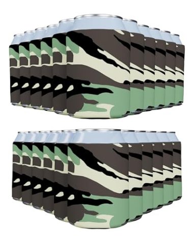 PartyPrints 25 Pack Camo Blank Can Cooler Sleeves, Customizable Bulk Insulated Foam for Beer, Collapsible Plain Drink Holder, Cold Soda Insulator, 12oz Regular, 16oz Tall Cans