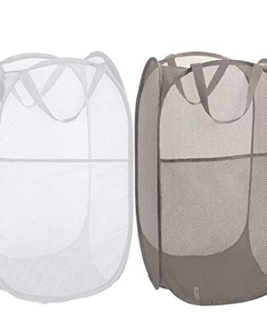 BATTOO Deluxe Strong Mesh Pop up Laundry Hamper Basket with Side Pocket Foldable Hamper for Laundry Room, Bathroom, Kids Room, College Dorm or Travel Grey + White