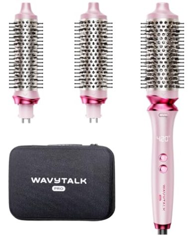 Wavytalk Heatwave Pro Ionic Thermal Brush Set, Dual Voltage 3-Size Heated Round Brush for Short to Long Hair, Bilateral Negative Ions for Frizz-Free Shiny Blowout, Pink