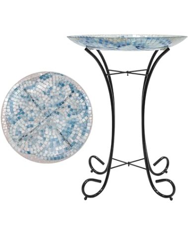 Alpine Corporation 24" Tall Outdoor Mosaic Style Glass Birdbath Bowl with Metal Stand, Blue