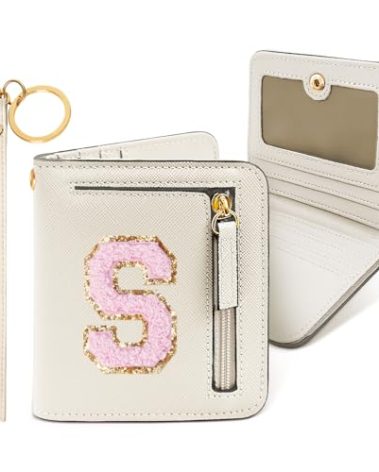 COSHAYSOO Cool Valentines Birthday Gift Ideas Initial Wallet for College Teenage Girls Slim RFID Blocking Bifold Wallet Travel Essentials Coin Cash Cards Organizer Purse Chenille Letter S Cream