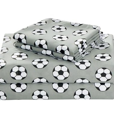 Chezmoi Collection 4-Piece Kids/Teens Sports Sheet Set - Soft Microfiber Gray Black White Soccer, Queen Size