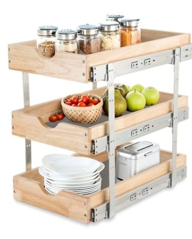 PulseFay Pull Out Cabinet Organizer with Soft-Close Dampers 13.5" W x 21.7" D - 3 Tier Heavy-Duty Slide Out Drawers for Base Cabinets, Adjustable Height, Rear Stabilizer, Kitchen Bathroom Organization
